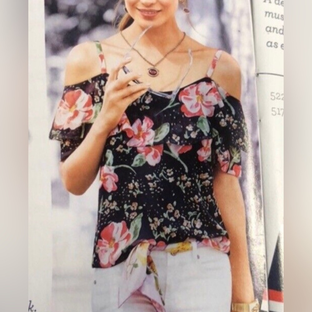 CAbi Black Floral Cold-Shoulder Blouse